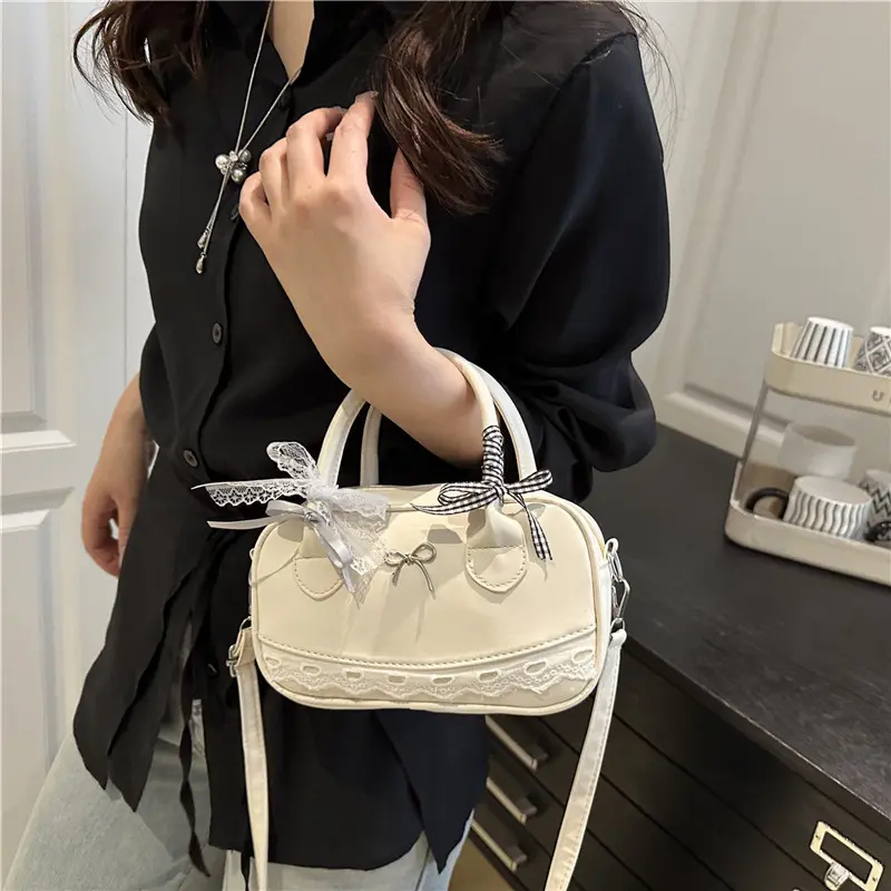 Sweet Ribbon Boston Shoulder Bags for Women Commuter Versatile Ladies Crossbody Bag Solid Color Female Pu Leather Handbags Purse