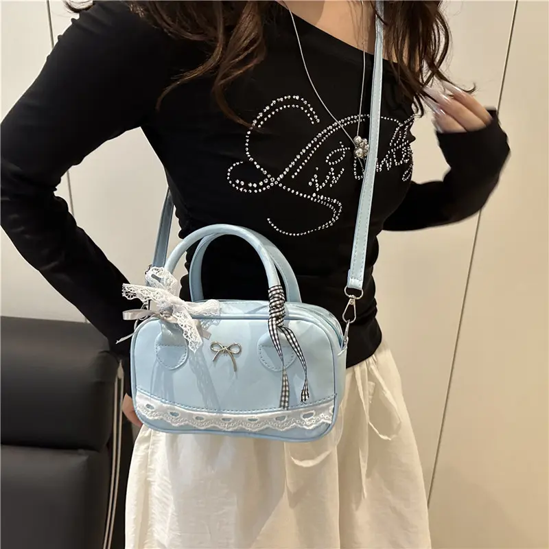 Sweet Ribbon Boston Shoulder Bags for Women Commuter Versatile Ladies Crossbody Bag Solid Color Female Pu Leather Handbags Purse