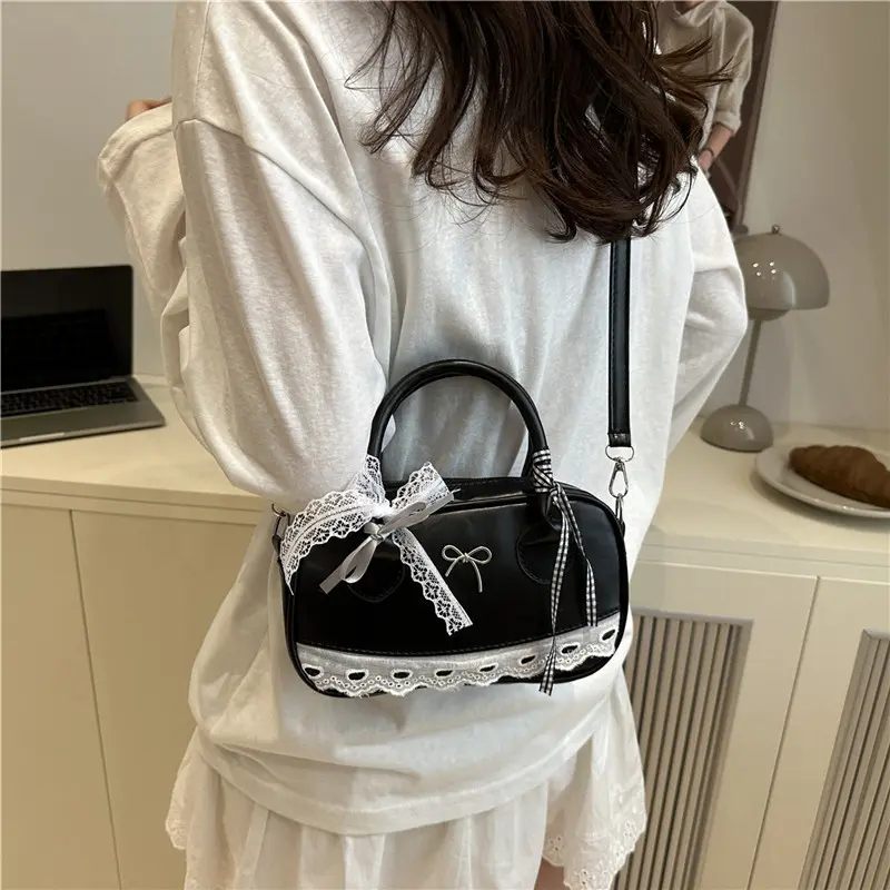 Sweet Ribbon Boston Shoulder Bags for Women Commuter Versatile Ladies Crossbody Bag Solid Color Female Pu Leather Handbags Purse