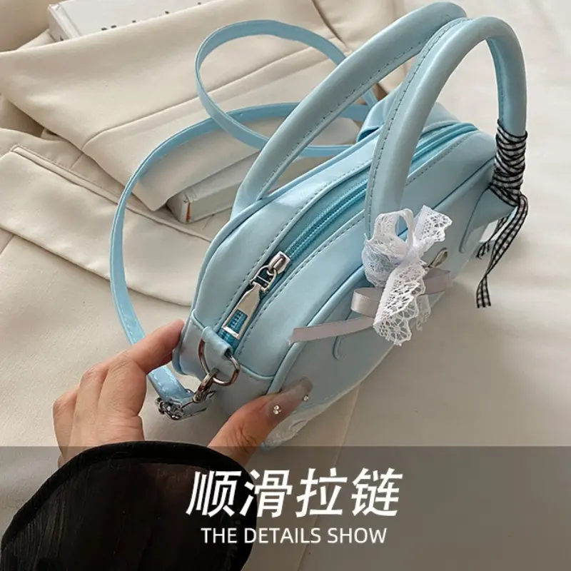Sweet Ribbon Boston Shoulder Bags for Women Commuter Versatile Ladies Crossbody Bag Solid Color Female Pu Leather Handbags Purse