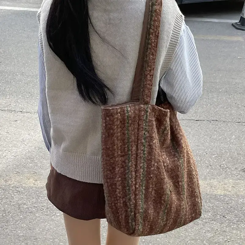 Double-sided Design Women's Shoulder Bags Plush Polyester Ladies Large Capacity Tote Bag Fashion Vintage Female Shopping Handbag