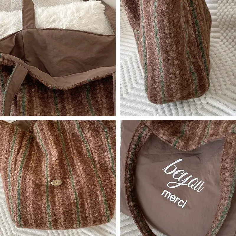 Double-sided Design Women's Shoulder Bags Plush Polyester Ladies Large Capacity Tote Bag Fashion Vintage Female Shopping Handbag