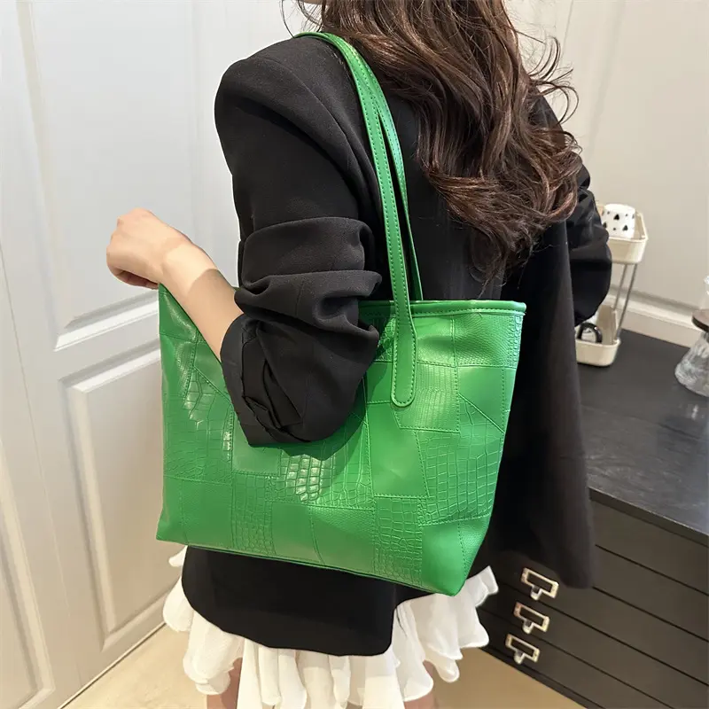 Casual Thread Design Women Shoulder Bags Soft Pu Leather Portable Ladies Handbags Solid Color Large Capacity Female Tote Bag
