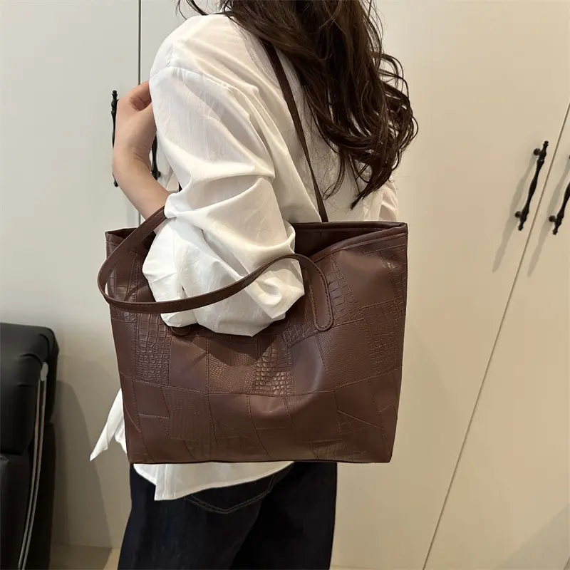 Casual Thread Design Women Shoulder Bags Soft Pu Leather Portable Ladies Handbags Solid Color Large Capacity Female Tote Bag