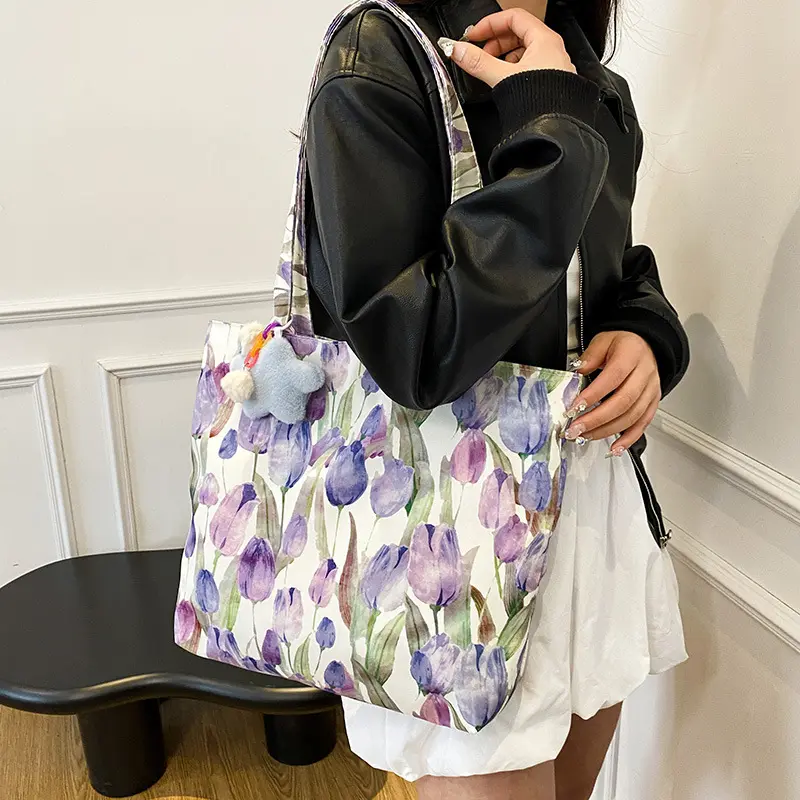 Floral Large Capacity Shoulder Bags for Women Casual Commuter Ladies Shopping Bag with Pendant Students Girls Handbags Tote