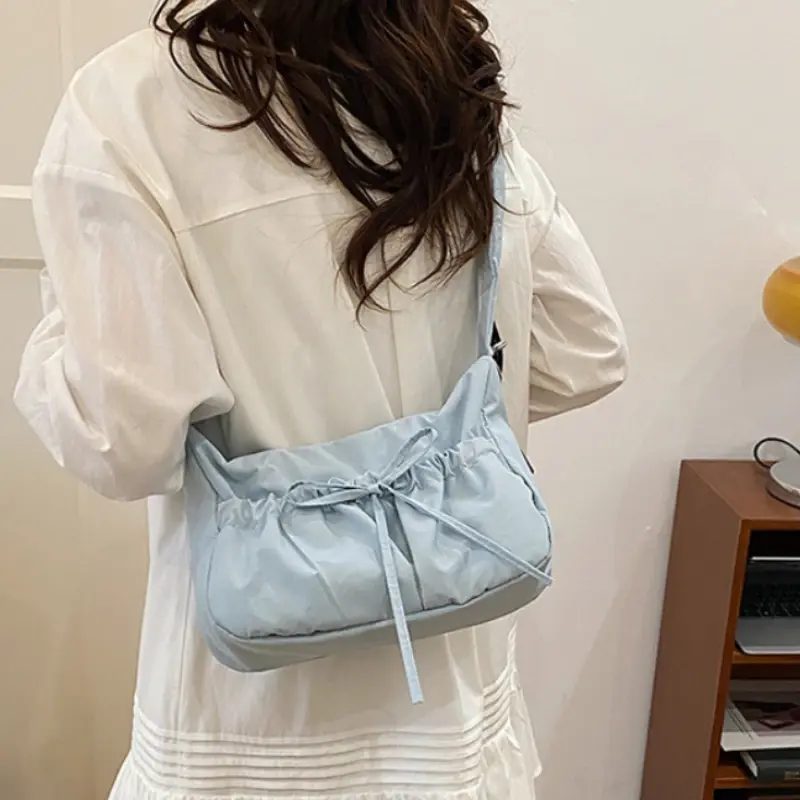 Sweet Bow Pleated Design Women's Shoulder Bags Solid Color Simple Ladies Underarm Crossbody Bag Soft Nylon Cloth Female Handbags