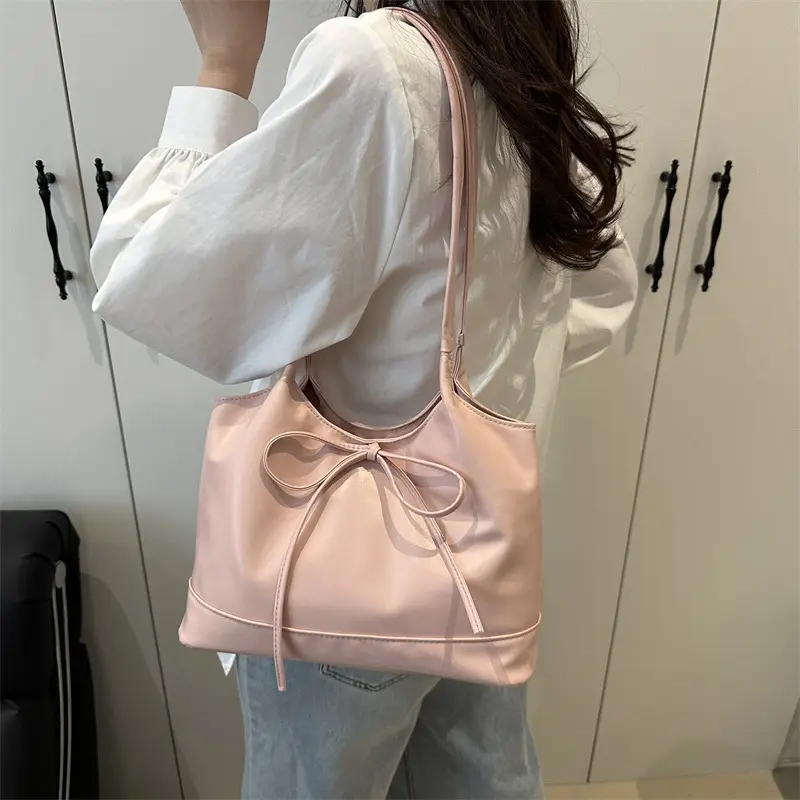 Sweet Bow Women Commuter Shoulder Bags Candy Color Large Capacity Ladies Handbags Simple Pu Leather Female Bucket Tote Bag