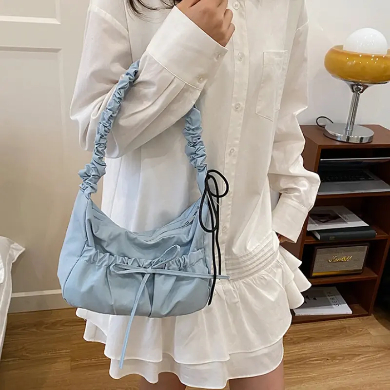 Sweet Bow Pleated Design Women's Shoulder Bags Solid Color Simple Ladies Underarm Crossbody Bag Soft Nylon Cloth Female Handbags