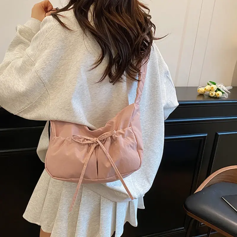 Sweet Bow Pleated Design Women's Shoulder Bags Solid Color Simple Ladies Underarm Crossbody Bag Soft Nylon Cloth Female Handbags