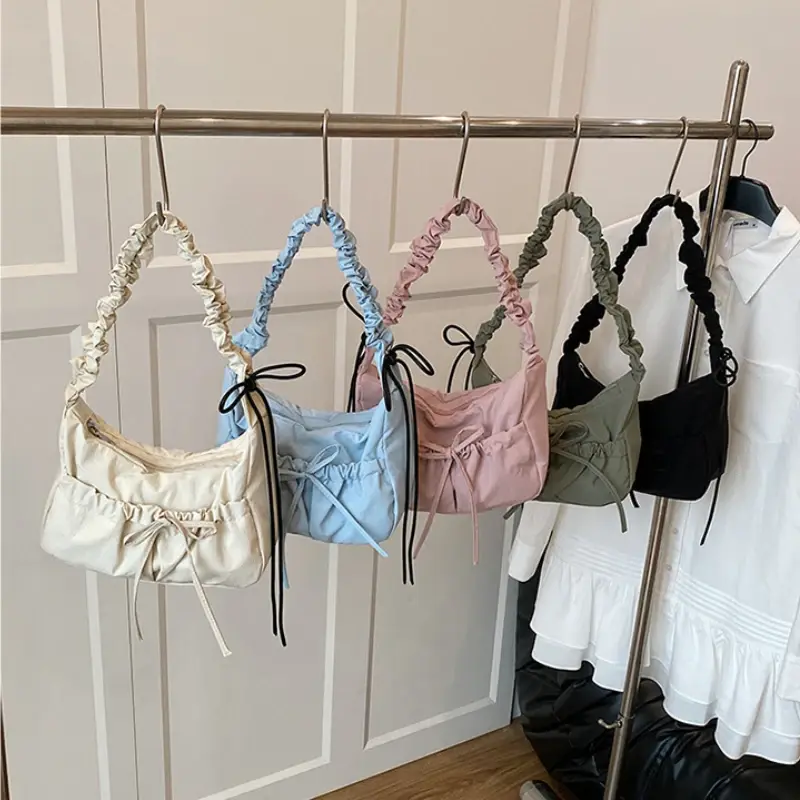 Sweet Bow Pleated Design Women's Shoulder Bags Solid Color Simple Ladies Underarm Crossbody Bag Soft Nylon Cloth Female Handbags