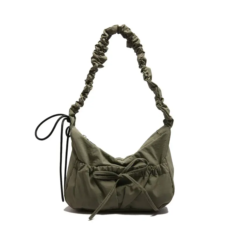 Sweet Bow Pleated Design Women's Shoulder Bags Solid Color Simple Ladies Underarm Crossbody Bag Soft Nylon Cloth Female Handbags