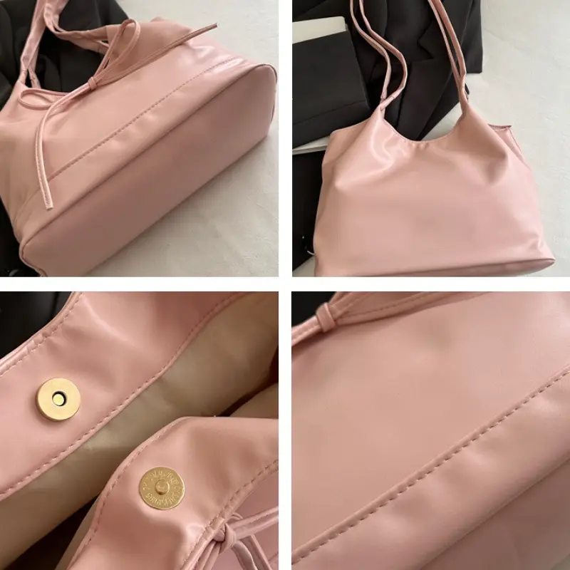 Sweet Bow Women Commuter Shoulder Bags Candy Color Large Capacity Ladies Handbags Simple Pu Leather Female Bucket Tote Bag
