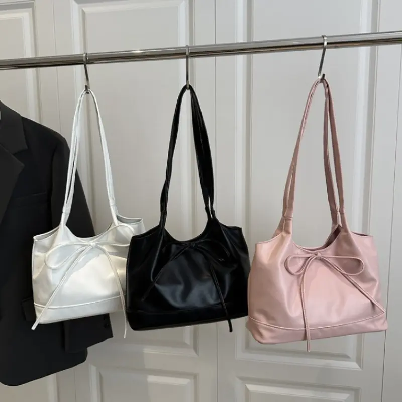 Sweet Bow Women Commuter Shoulder Bags Candy Color Large Capacity Ladies Handbags Simple Pu Leather Female Bucket Tote Bag