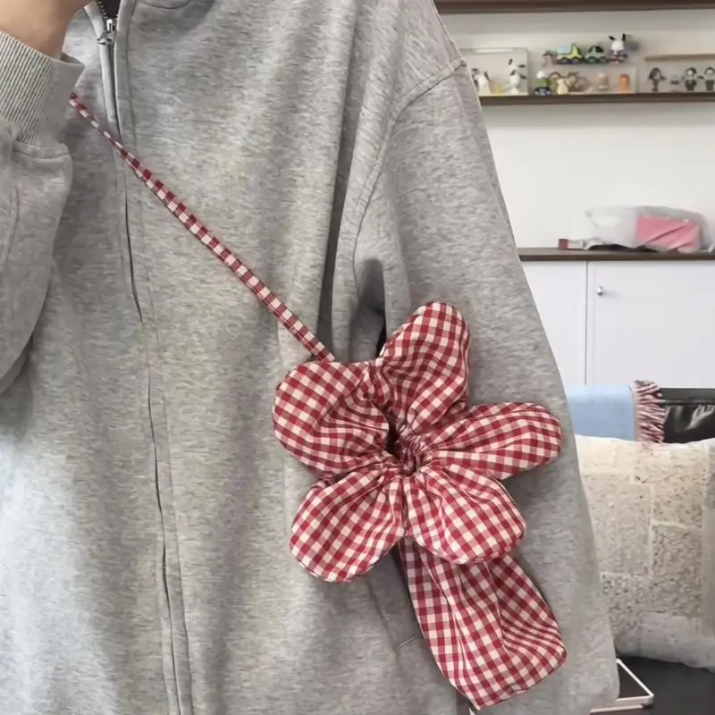 Lovely Flower Plaid Women Small Messenger Bags Portable Female Shoulder Bag Purse Phone Handbags Cute Girls Sundries Storage Bag