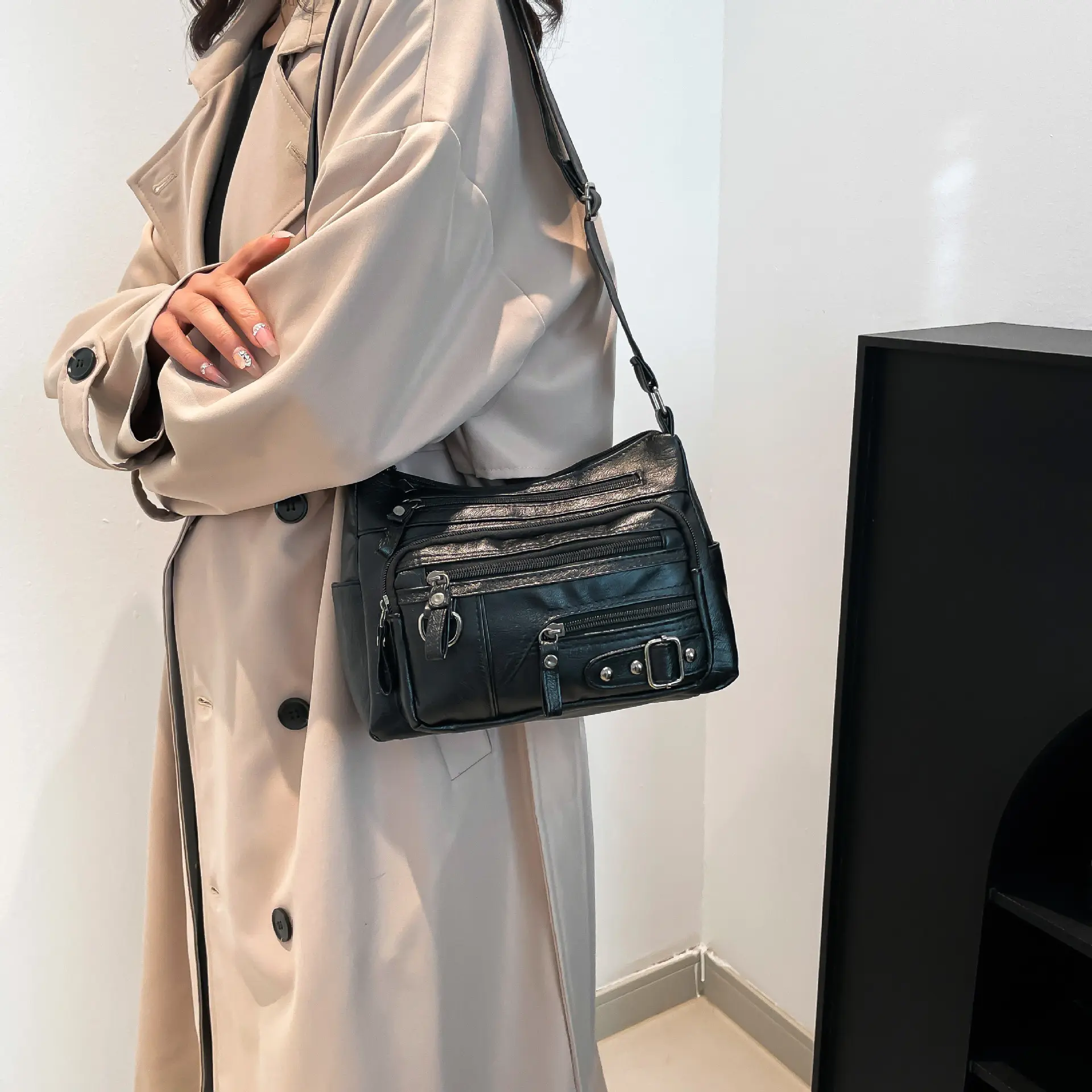 Vintage Multi Pocket Women's Shoulder Bags Fashion Pu Leather Ladies Messenger Bag Casual Crossbody Female Handbags Y2k Purse