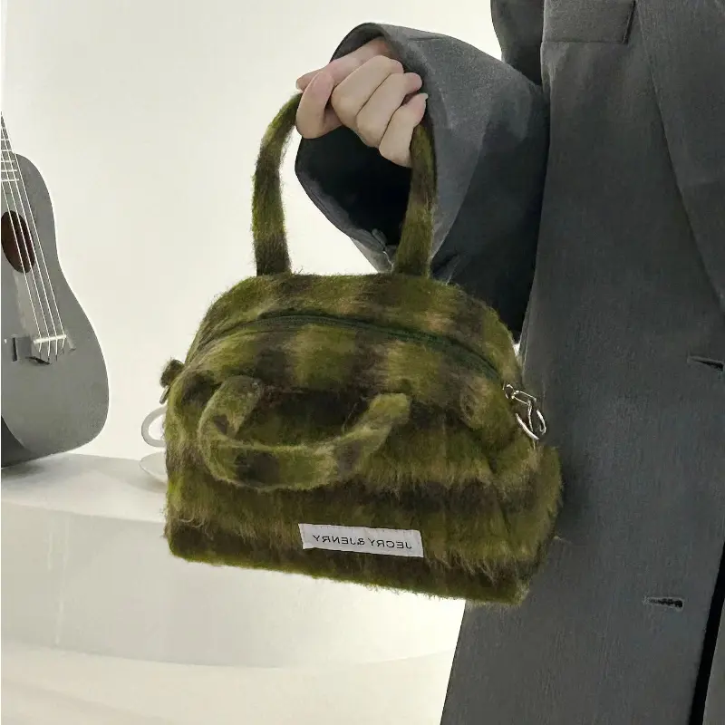 Retro Soft Plush Ladies Handbags Vintage Plaid \Women's Small Boston Shoulder Bag Winter Female Fluffy Messenger Bags Tote Purse