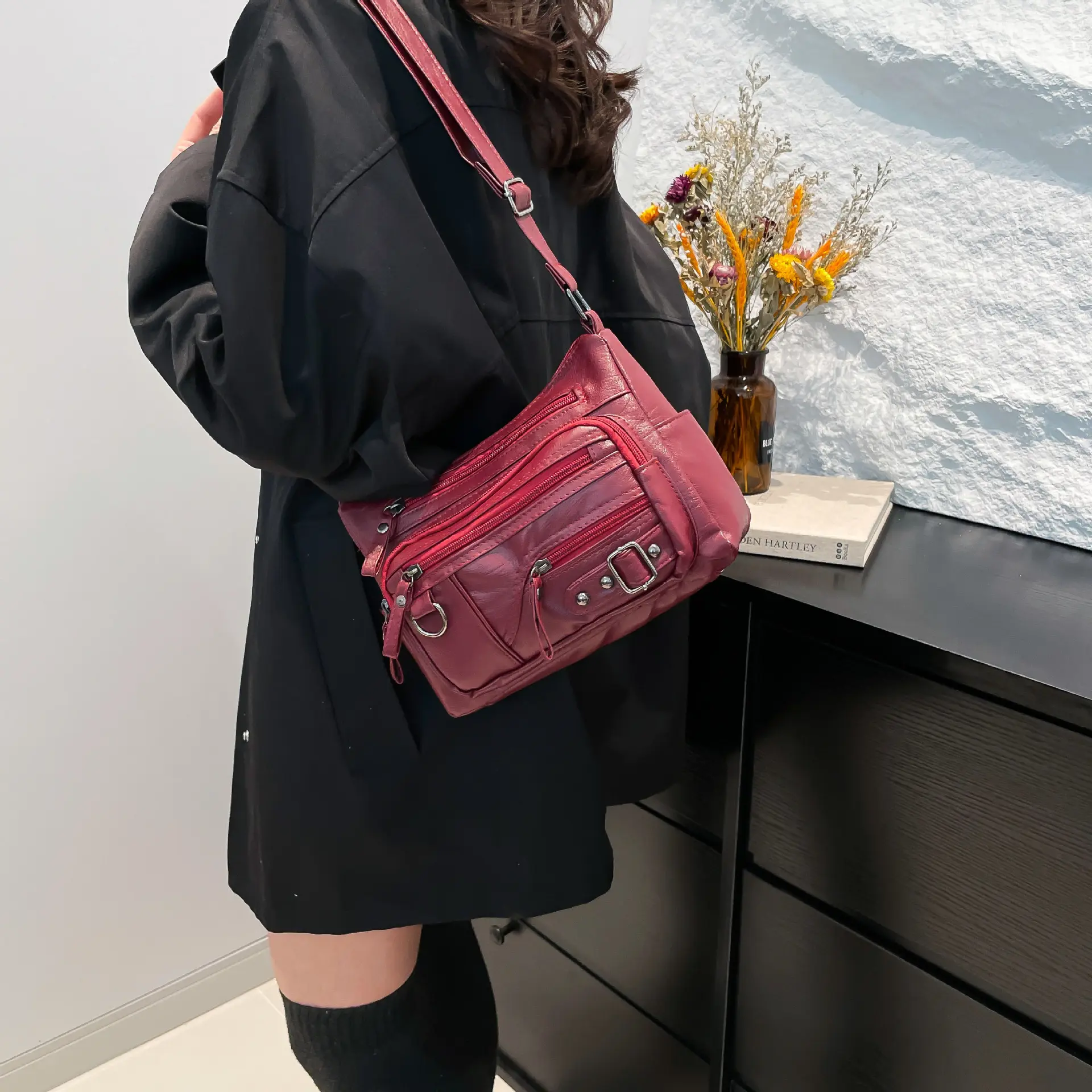 Vintage Multi Pocket Women's Shoulder Bags Fashion Pu Leather Ladies Messenger Bag Casual Crossbody Female Handbags Y2k Purse