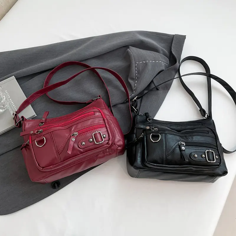 Vintage Multi Pocket Women's Shoulder Bags Fashion Pu Leather Ladies Messenger Bag Casual Crossbody Female Handbags Y2k Purse