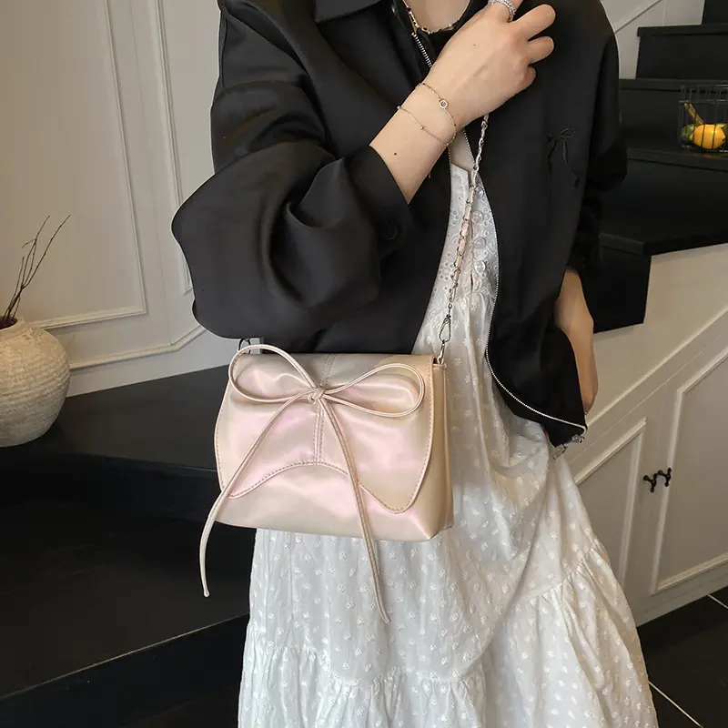 Fashion Bow Pleated Design Shoulder Bags for Women Versatile Ladies Square Crossbody Bag Solid Color Sweet Girls Pu Handbags