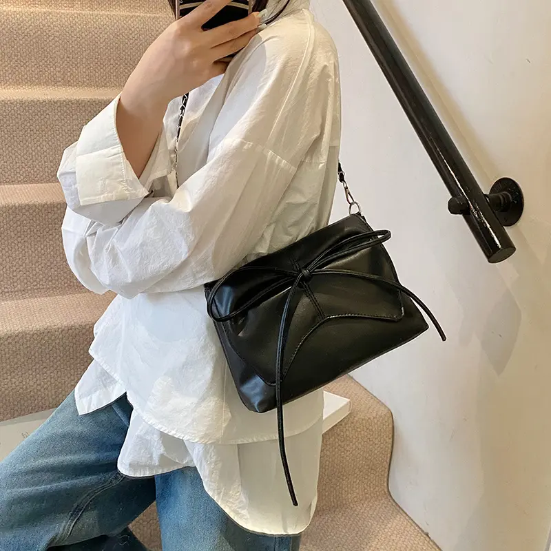 Fashion Bow Pleated Design Shoulder Bags for Women Versatile Ladies Square Crossbody Bag Solid Color Sweet Girls Pu Handbags