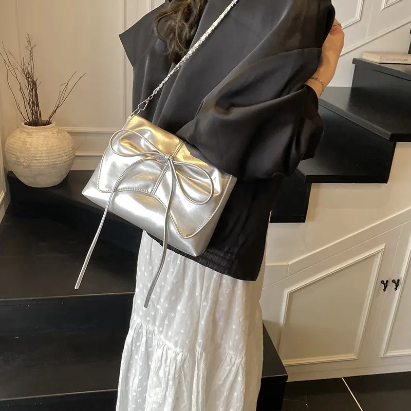 Fashion Bow Pleated Design Shoulder Bags for Women Versatile Ladies Square Crossbody Bag Solid Color Sweet Girls Pu Handbags
