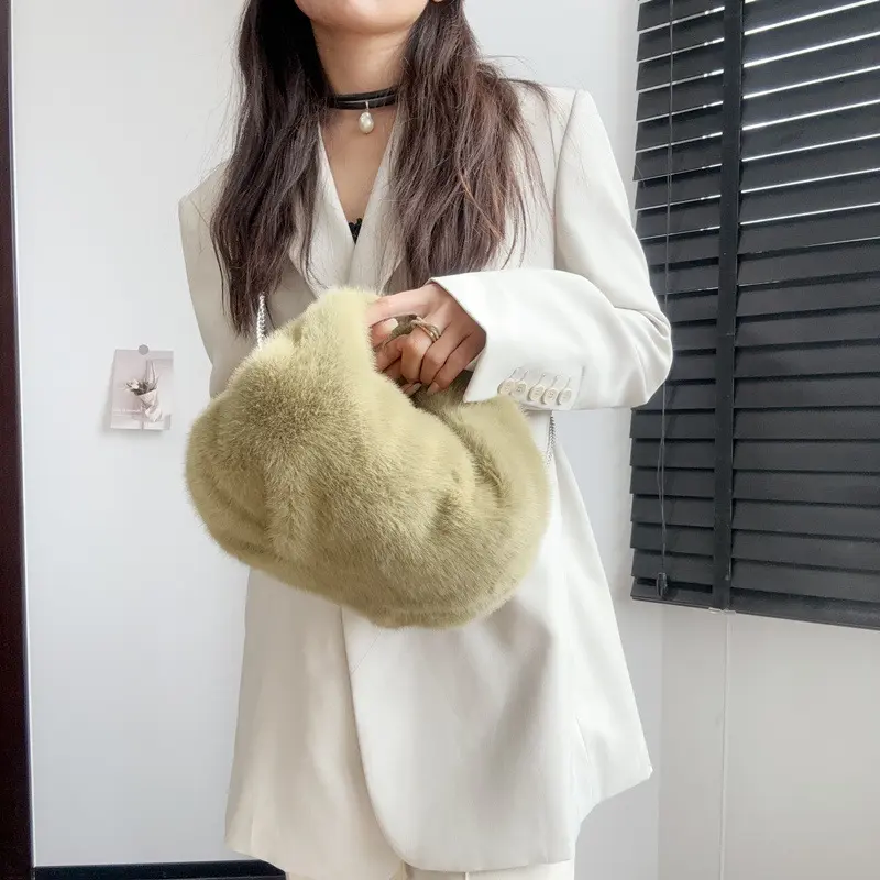 Cute Winter Plush Handbags for Women Solid Color Portable Ladies Furry Crossbody Bags Luxury Faux Fur Female Clutch Shoulder Bag