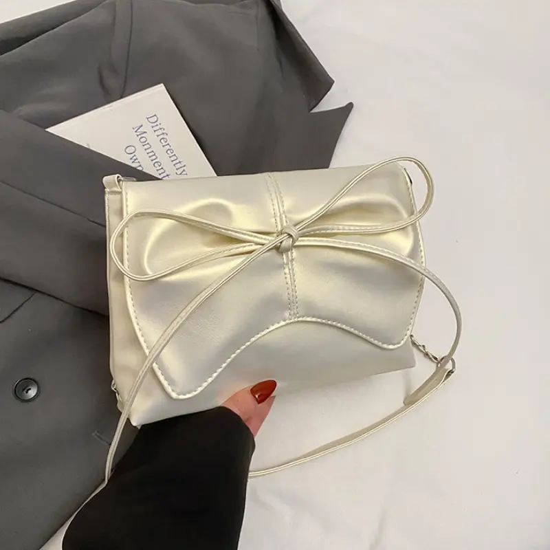Fashion Bow Pleated Design Shoulder Bags for Women Versatile Ladies Square Crossbody Bag Solid Color Sweet Girls Pu Handbags