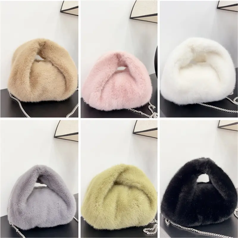 Cute Winter Plush Handbags for Women Solid Color Portable Ladies Furry Crossbody Bags Luxury Faux Fur Female Clutch Shoulder Bag