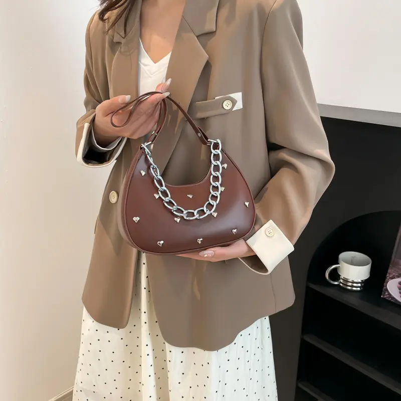 Versatile Heart Decoration Underarm Bags for Women Simple Fashion Ladies Y2k Shoulder Bag Pu Leather Portable Female Handbags