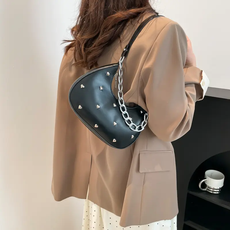 Versatile Heart Decoration Underarm Bags for Women Simple Fashion Ladies Y2k Shoulder Bag Pu Leather Portable Female Handbags