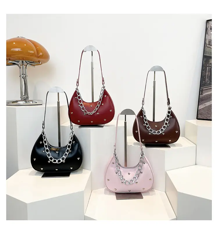 Versatile Heart Decoration Underarm Bags for Women Simple Fashion Ladies Y2k Shoulder Bag Pu Leather Portable Female Handbags
