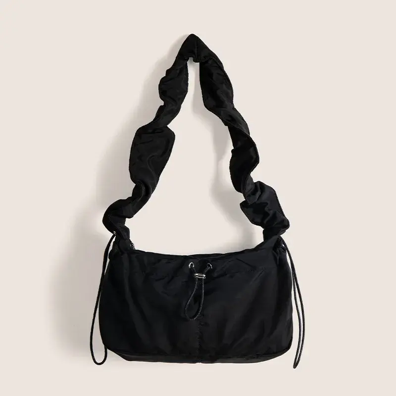 Pleated Retro Female Cloud Shoulder Bags Drawstring Design Nylon Women's Crossbody Bag Solid Color Ladies Large Book Tote