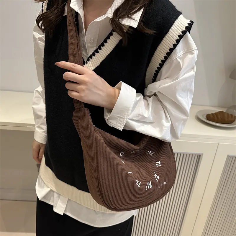 Retro Corduroy Women's Hobos Shoulder Bags Simple Letter Ladies Crossbody Bag Large Capacity Female Tote Purse Underarm Bag