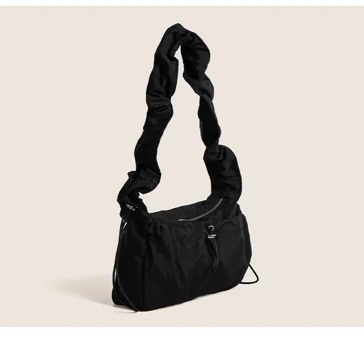 Pleated Retro Female Cloud Shoulder Bags Drawstring Design Nylon Women's Crossbody Bag Solid Color Ladies Large Book Tote