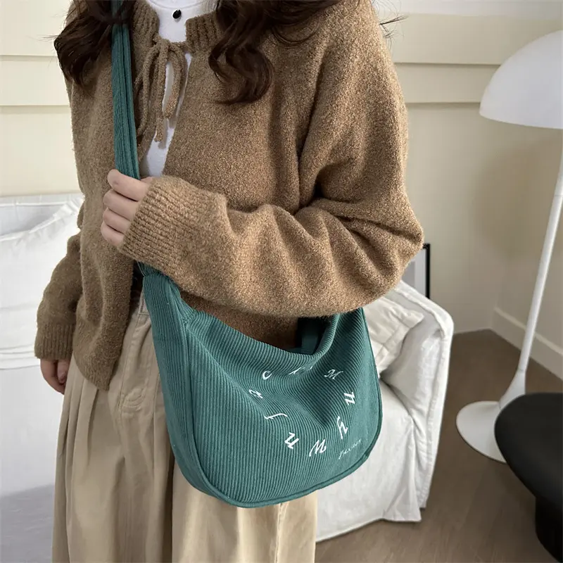 Retro Corduroy Women's Hobos Shoulder Bags Simple Letter Ladies Crossbody Bag Large Capacity Female Tote Purse Underarm Bag
