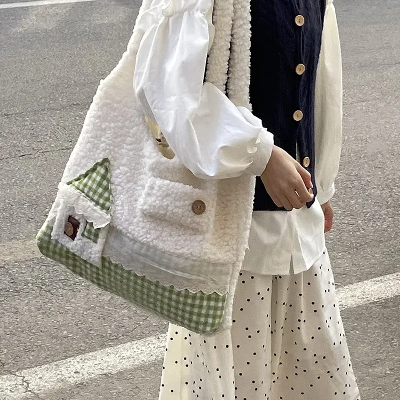 Cute Cartoon Faux Lamb Wool Shoulder Bags for Girls Schoolbags Large Capacity Women's Tote Shopping Bag Casual Female Handbags