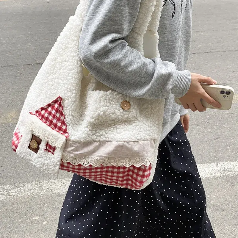 Cute Cartoon Faux Lamb Wool Shoulder Bags for Girls Schoolbags Large Capacity Women's Tote Shopping Bag Casual Female Handbags