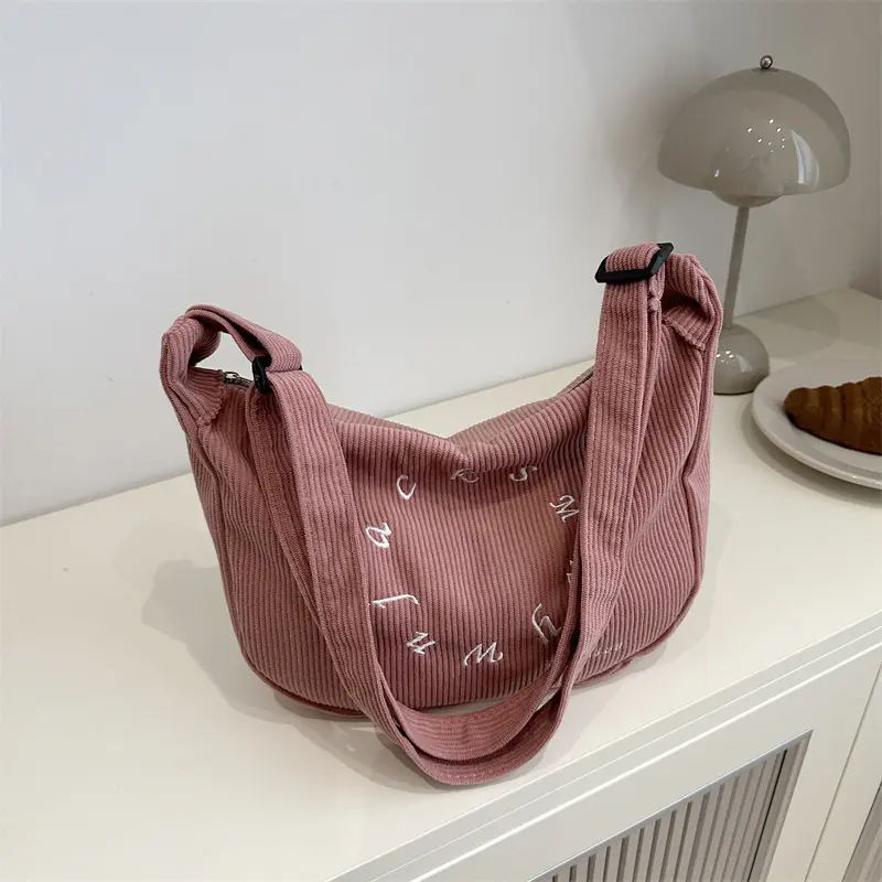 Retro Corduroy Women's Hobos Shoulder Bags Simple Letter Ladies Crossbody Bag Large Capacity Female Tote Purse Underarm Bag