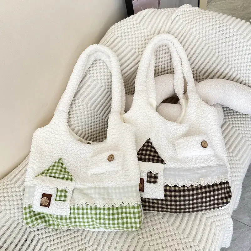 Cute Cartoon Faux Lamb Wool Shoulder Bags for Girls Schoolbags Large Capacity Women's Tote Shopping Bag Casual Female Handbags