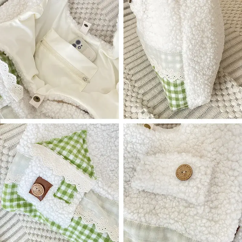 Cute Cartoon Faux Lamb Wool Shoulder Bags for Girls Schoolbags Large Capacity Women's Tote Shopping Bag Casual Female Handbags