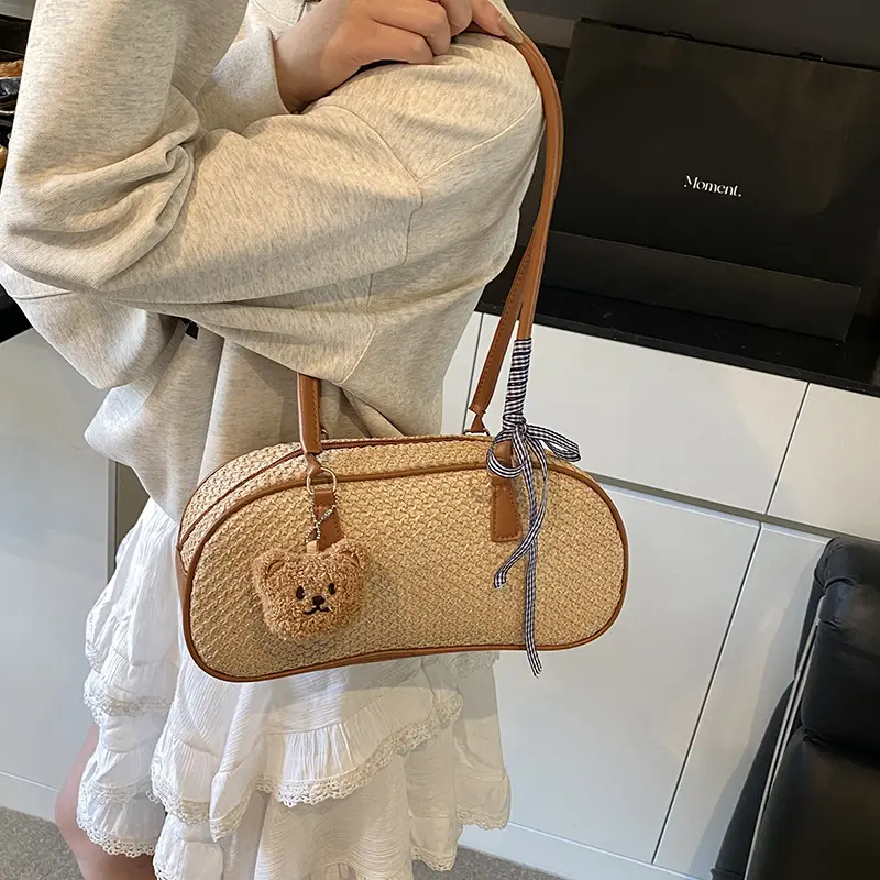 Casual Ribbon Patchwork Women's Shoulder Bags Simple Versatile Ladie Underarm Bag Large Capacity Female Handbags Tote Pendant