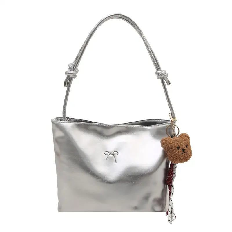 Casual Bow Pu Shoulder Bags for Women Large Capacity Commuter Ladies Messenger Bag Simple Girls Handbags Tote with Plush Pendant
