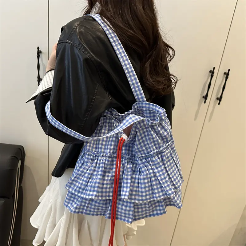 Fashion Plaid Ruffles Design Women Drawstring Shoulder Bags Commute Simple Ladies Tote Underarm Bag Large Capacity Girl Handbags