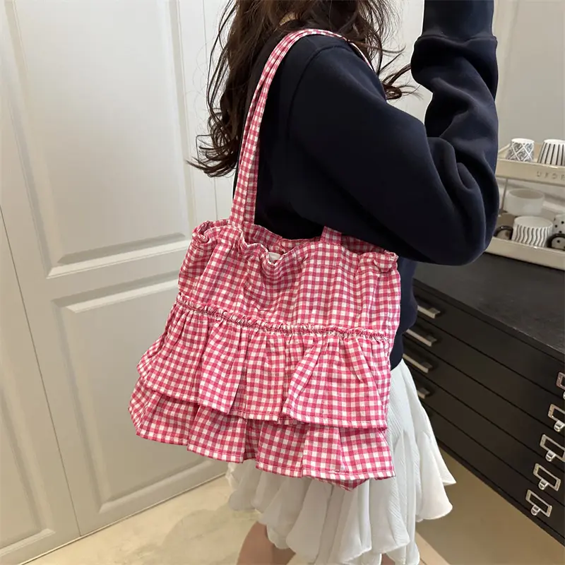 Fashion Plaid Ruffles Design Women Drawstring Shoulder Bags Commute Simple Ladies Tote Underarm Bag Large Capacity Girl Handbags