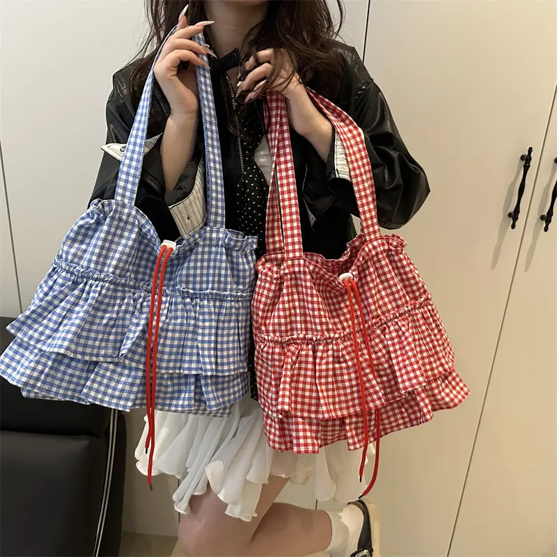 Fashion Plaid Ruffles Design Women Drawstring Shoulder Bags Commute Simple Ladies Tote Underarm Bag Large Capacity Girl Handbags