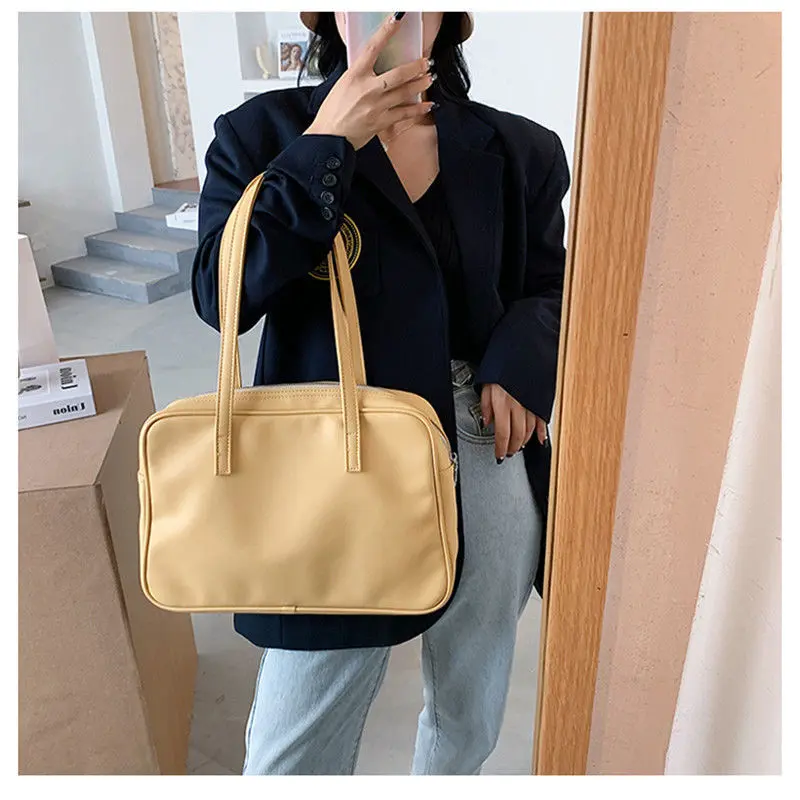 Solid Colour Casual Large Capacity Ladies Shoulder Bag Vintage PU Leather Women HandBags High Quality Female Tote Bags Bolsa