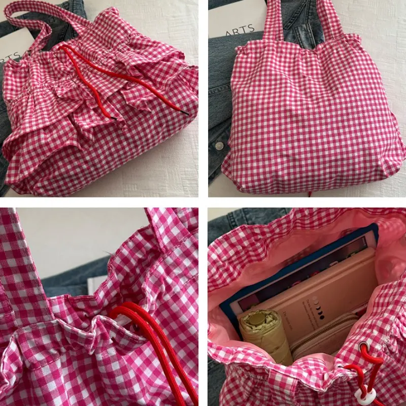 Fashion Plaid Ruffles Design Women Drawstring Shoulder Bags Commute Simple Ladies Tote Underarm Bag Large Capacity Girl Handbags
