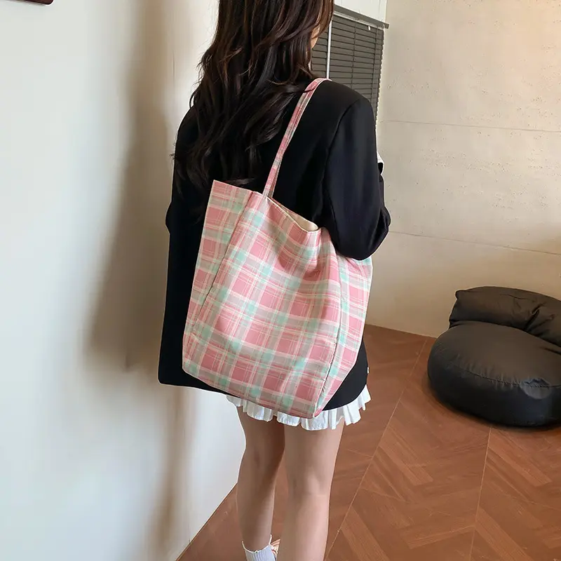 Casual Plaid Women's Nylon Shoulder Bag Commuter Vintage Style Female Handbags Simple Large Capacity Ladies Bucket Tote Bags