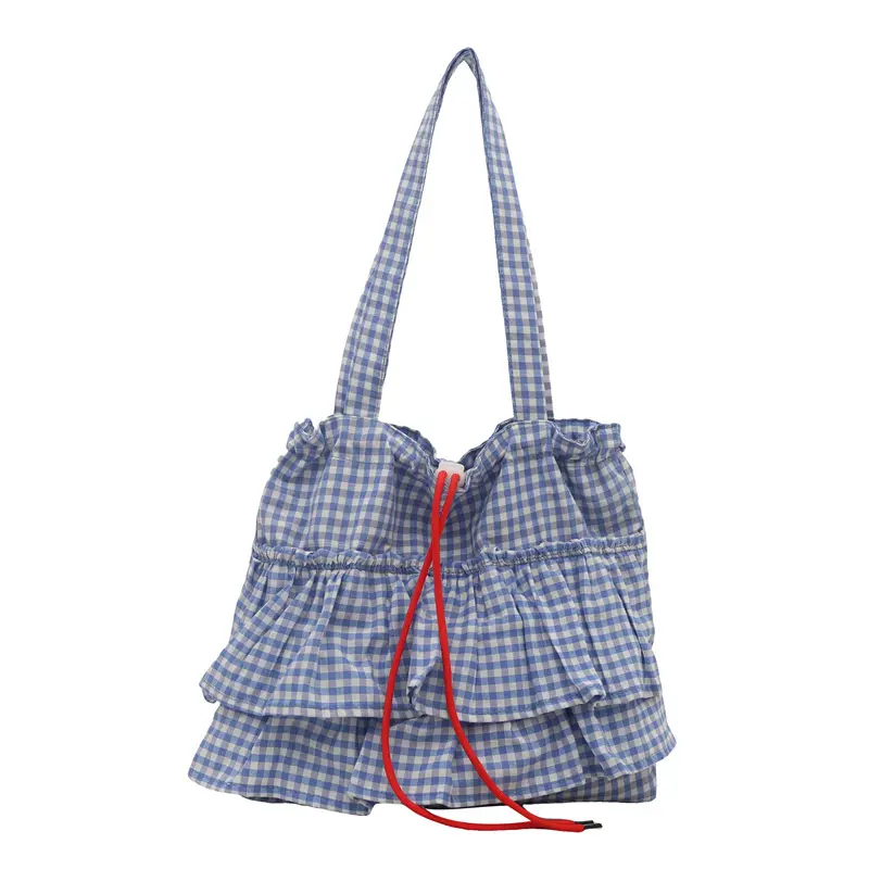 Fashion Plaid Ruffles Design Women Drawstring Shoulder Bags Commute Simple Ladies Tote Underarm Bag Large Capacity Girl Handbags