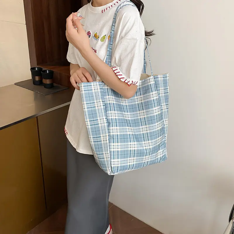 Casual Plaid Women's Nylon Shoulder Bag Commuter Vintage Style Female Handbags Simple Large Capacity Ladies Bucket Tote Bags